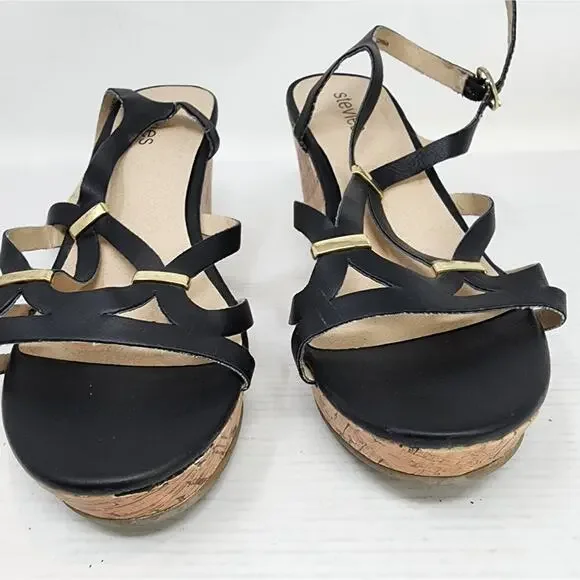 Stevies Black Cork Wedge Sandals Strappy Low Platform Wedge Women's Gift Size 4 - Picture 5 of 8